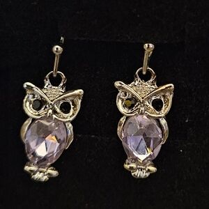 Silver-toned Owl Drop Earrings with Purple Crystal Accents